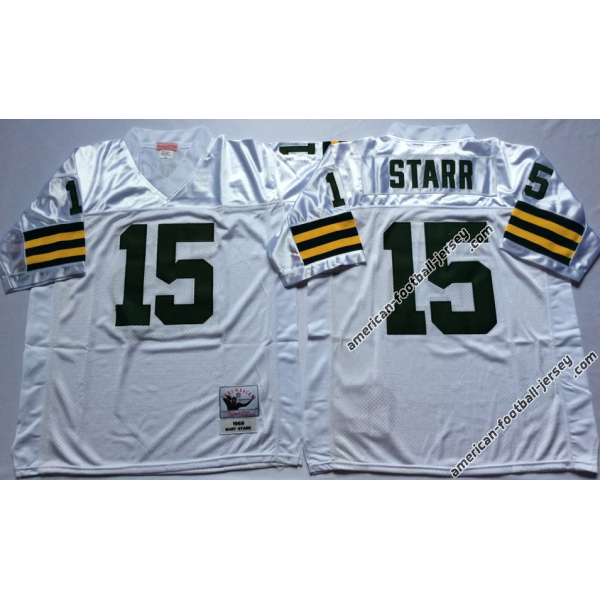 STARR Green Bay #15 Football Jersey - Bart Starr Football Jersey (White, short sleeves Throwback)