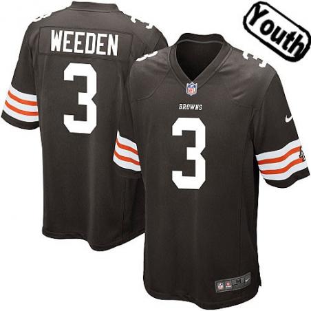 [NEW,Sewn-on]Brandon Weeden Youth Football Jersey - Cleveland #3 WEEDEN Jersey (Brown) For Youth/Kid