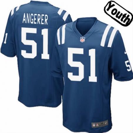 [NEW,Sewn-on]Pat Angerer Youth Football Jersey - Indianapolis #51 ANGERER Jersey (Blue) For Youth/Kid