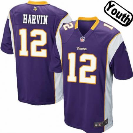 [NEW,Sewn-on]Percy Harvin Youth Football Jersey - Minnesota #12 HARVIN Jersey (Purple) For Youth/Kid