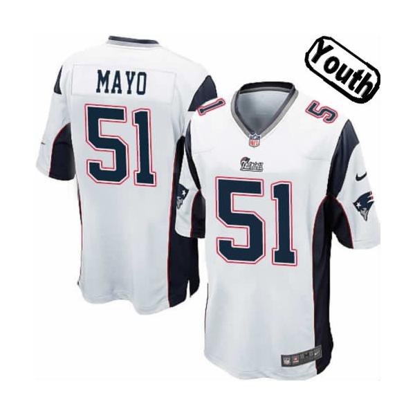 [NEW,Sewn-on]Jerod Mayo Youth Football Jersey - New England #51 MAYO Jersey (White) For Youth/Kid