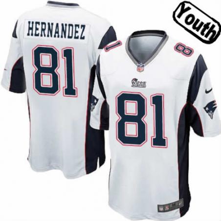 [NEW,Sewn-on]Aaron Hernandez Youth Football Jersey - New England #81 HERNANDEZ Jersey (White) For Youth/Kid