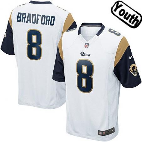 [NEW,Sewn-on]Sam Bradford Youth Football Jersey - St Louis  #8 BRADFORD Jersey (White) For Youth/Kid