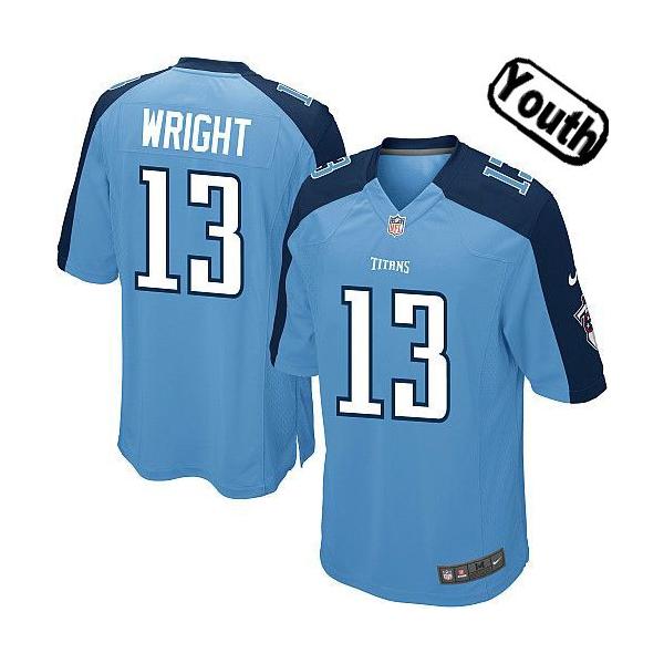 [NEW,Sewn-on]Kendall Wright Youth Football Jersey - Tennessee #13 WRIGHT Jersey (Light Blue) For Youth/Kid