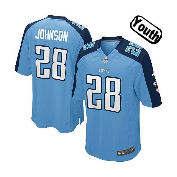 [NEW,Sewn-on]Chris Johnson Youth Football Jersey - Tennessee #28 JOHNSON Jersey (Light Blue) For Youth/Kid