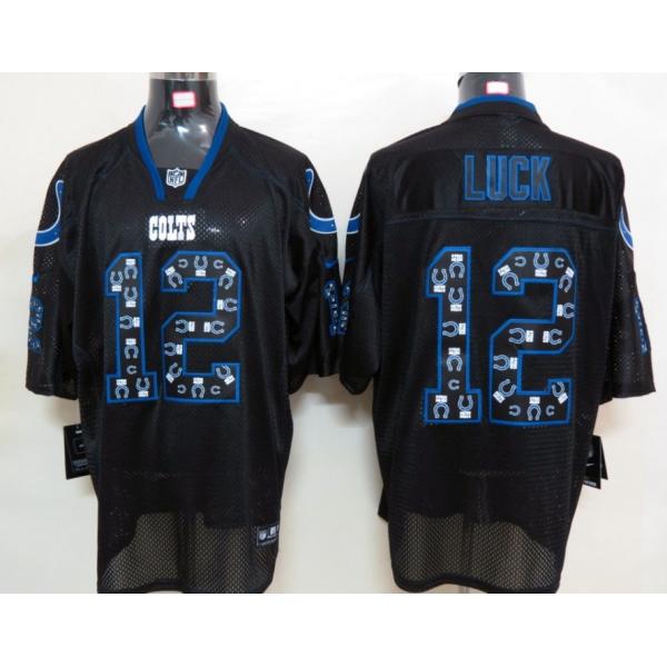 [NEW,Lights-Out with logos]Andrew Luck Football Jersey -Indianapolis #12 Black Jersey