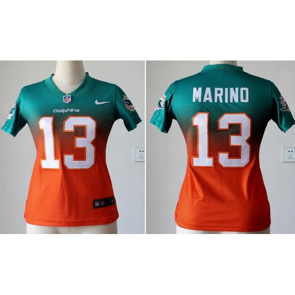 [Drift Fashion] MARINO Miami #13 Womens Football Jersey - Dan Marino Womens Football Jersey (Green-Orange)_Free Shipping