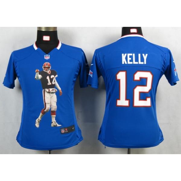 [Portrait Fashion] KELLY Buffalo #12 Womens Football Jersey - Jim Kelly Womens Football Jersey (Blue)_Free Shipping