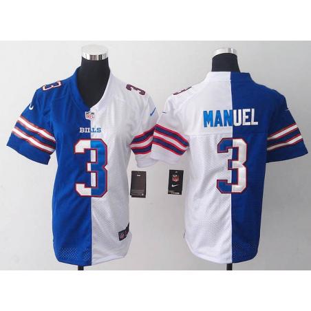 [Split] MANUEL Buffalo #3 Womens Football Jersey - E.J. Manuel Womens Football Jersey (Blue-White)_Free Shipping