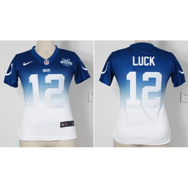 [Drift Fashion]LUCK Indianapolis #12 Womens Football Jersey - Andrew Luck Womens Football Jersey (Blue-White, 30th)