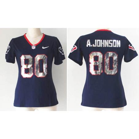 [Handwork Sequin Lettering]JOHNSON Houston #80 Womens Football Jersey - Andre Johnson Womens Football Jersey (Blue)