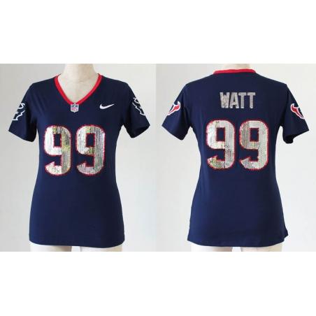 [Handwork Sequin Lettering]WATT Houston #99 Womens Football Jersey - J.J. Watt Womens Football Jersey (Blue)