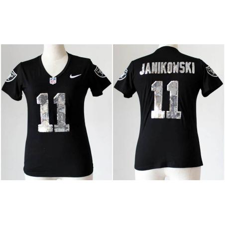 [Handwork Sequin Lettering]JANIKOWSKI Oakland #11 Womens Football Jersey - Sebastian Janikowski Womens Football Jersey (Black)