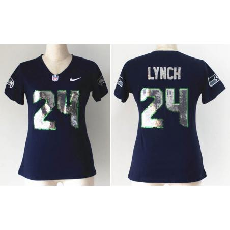 [Handwork Sequin Lettering]LYNCH Seattle #24 Womens Football Jersey - Marshawn Lynch Womens Football Jersey (Blue)